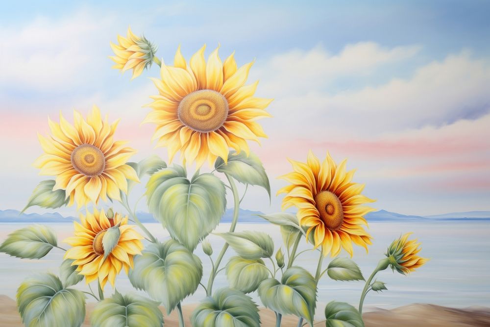 Painting of sunflowers border outdoors nature plant.