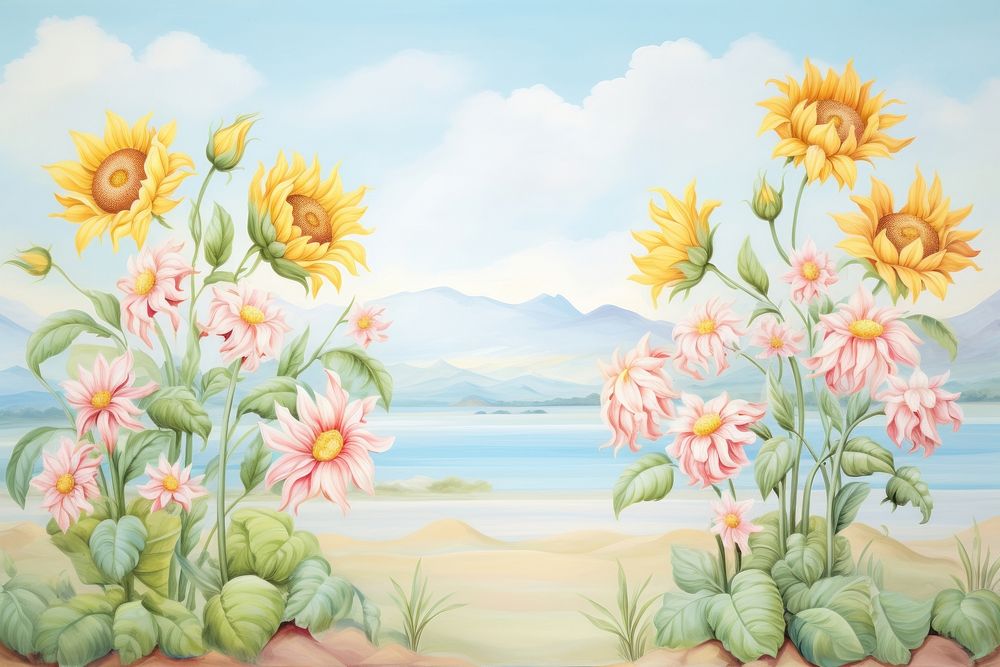 Painting of sunflowers border pattern plant tranquility.