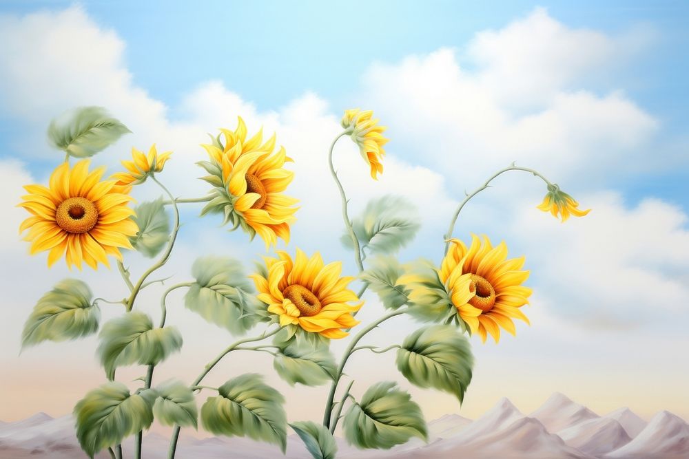 Painting of sunflowers border outdoors plant inflorescence.