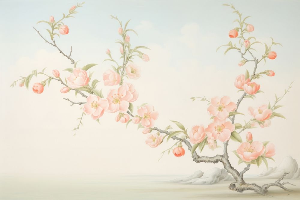 Painting of peach border blossom flower plant.