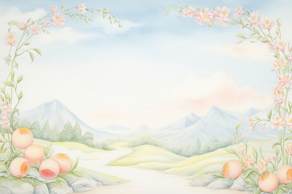 Painting of peach border pattern tranquility landscape.