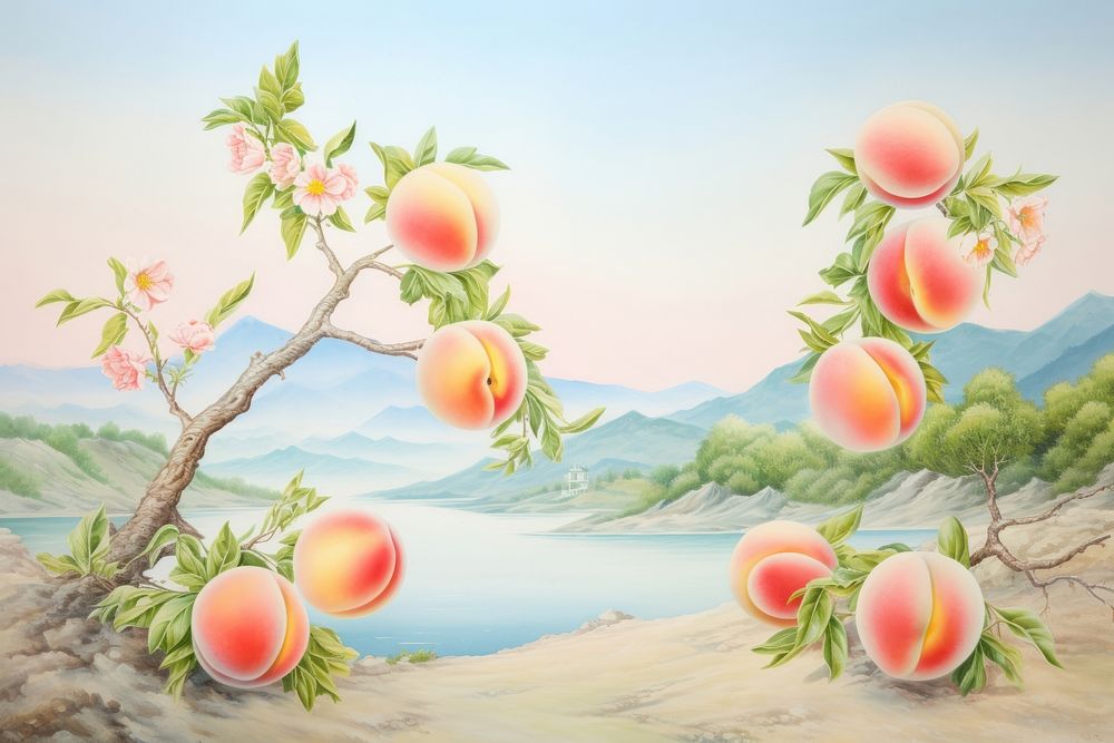 Painting of peach border plant fruit landscape.
