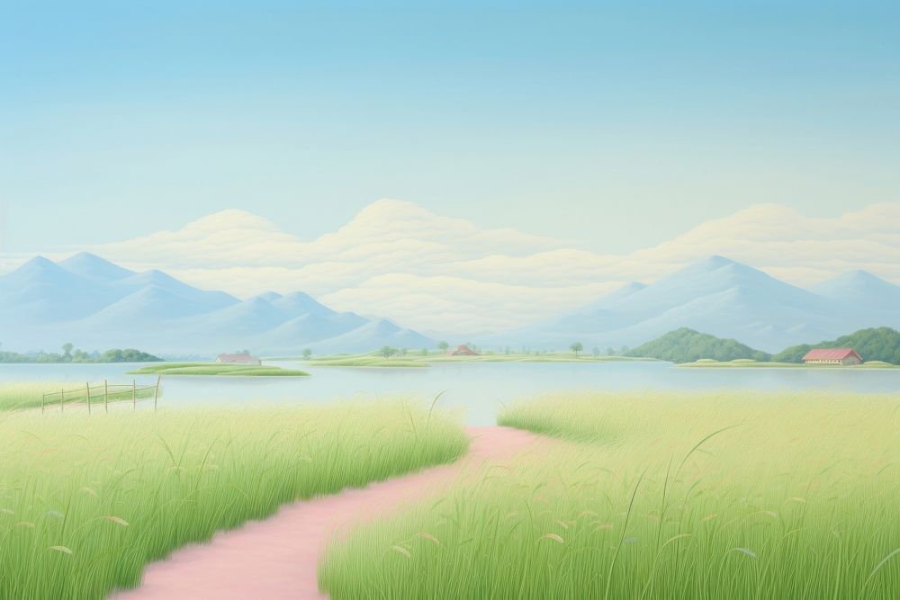 Painting of rice filed border landscape outdoors nature.