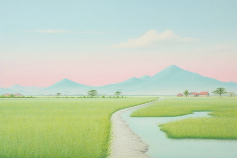 Painting of rice filed border landscape outdoors nature.