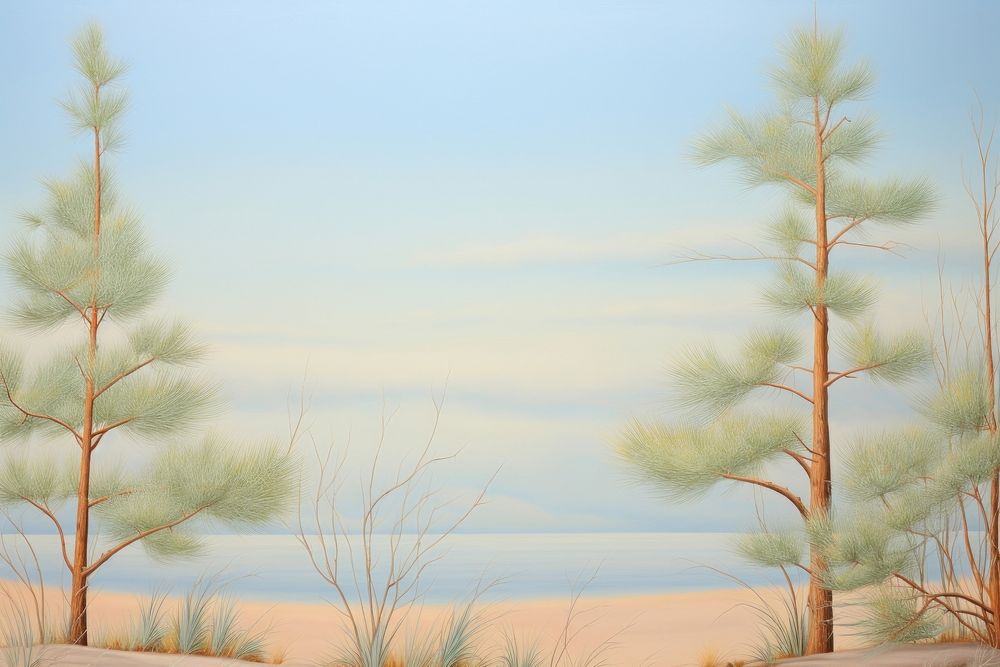 Painting of woven pine needles border landscape outdoors nature.