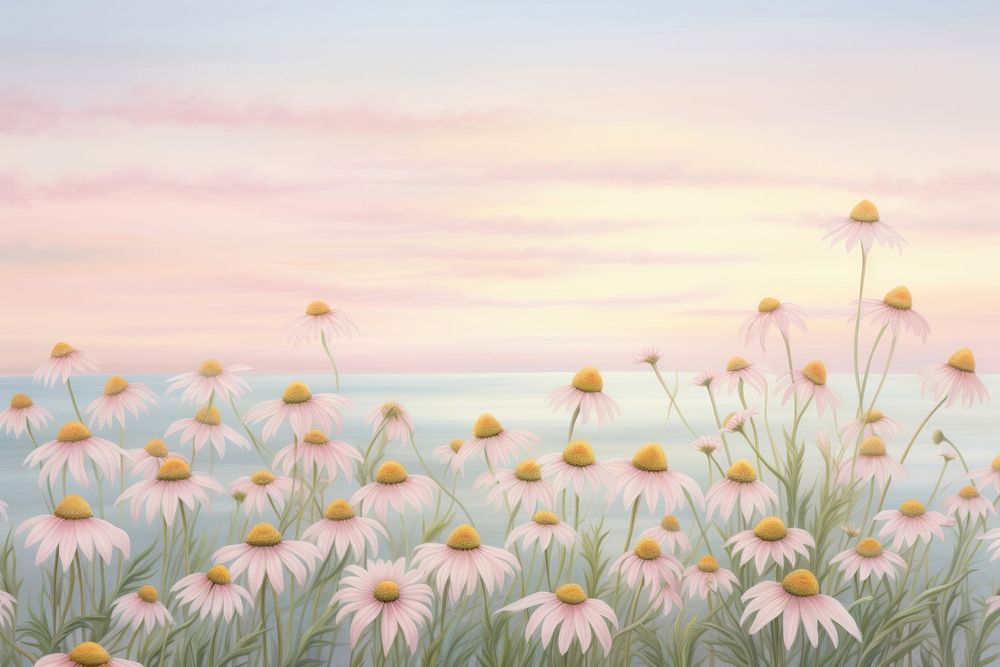 Painting of white coneflowers border sky backgrounds landscape.