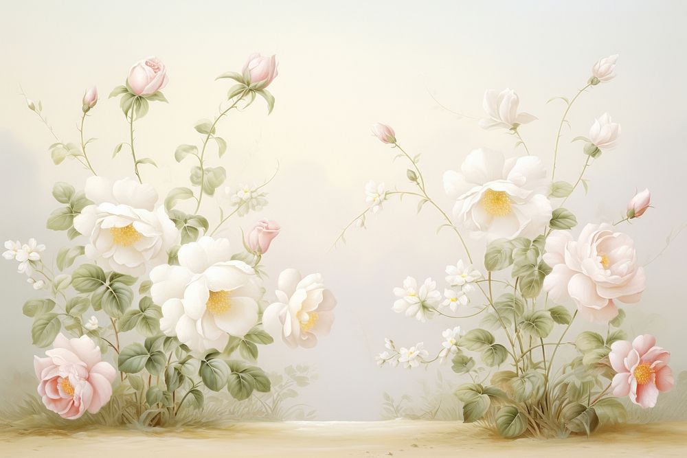 Painting of vintage white rose blooms border flower plant art.