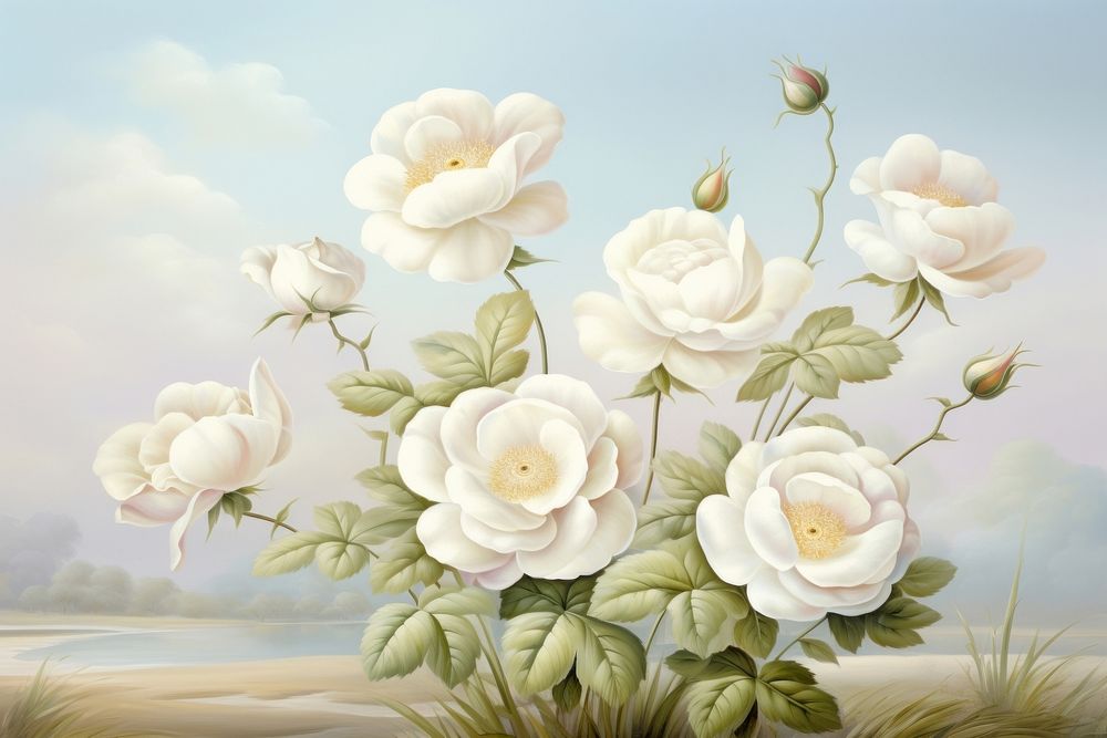 Painting of vintage white rose blooms border flower plant inflorescence.