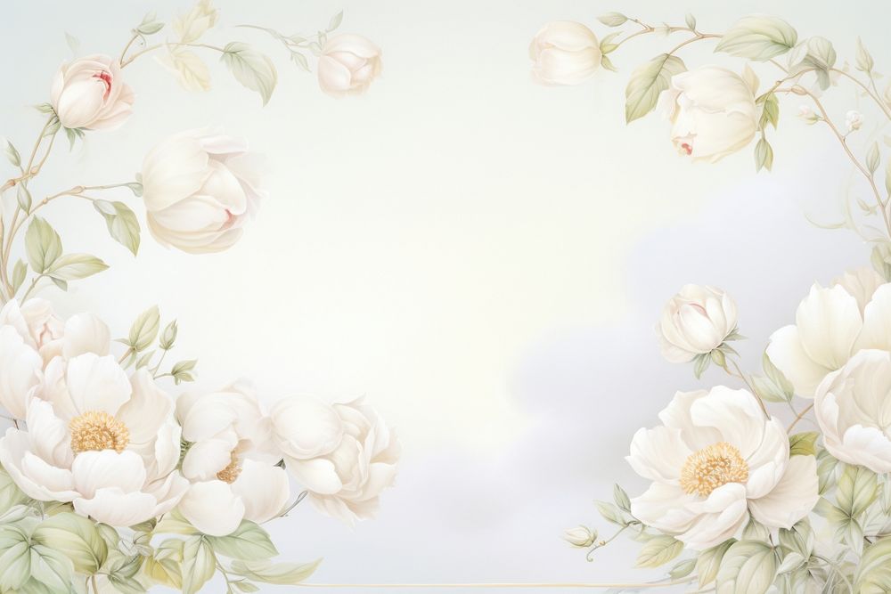 Painting of vintage white rose blooms border backgrounds blossom pattern.
