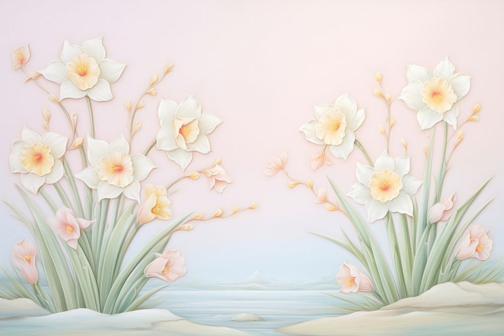 Painting of vintage daffodil blooms border backgrounds pattern flower.