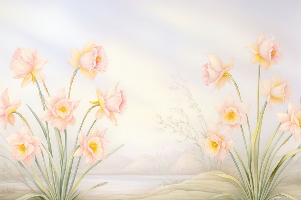 Painting of vintage daffodil blooms border flower plant fragility.