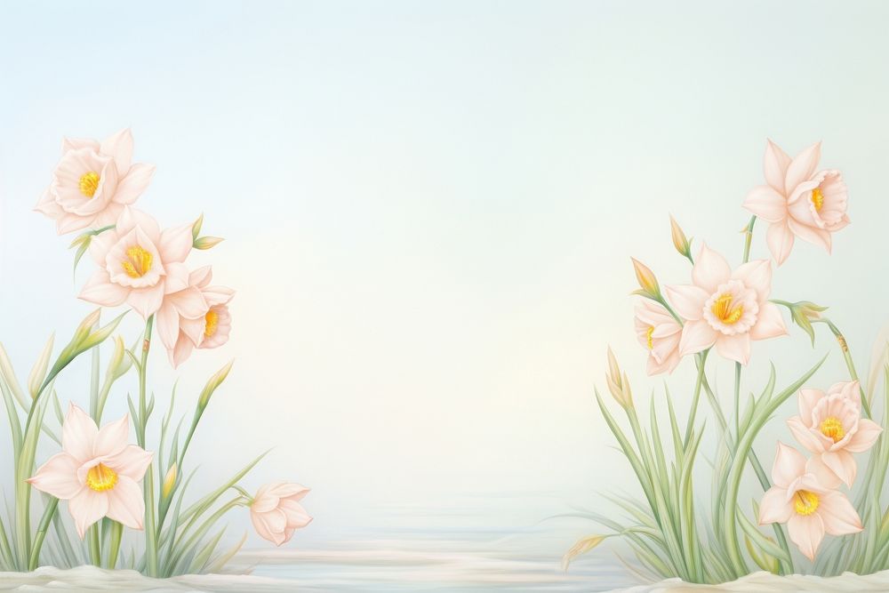 Painting of vintage daffodil blooms border flower plant springtime.