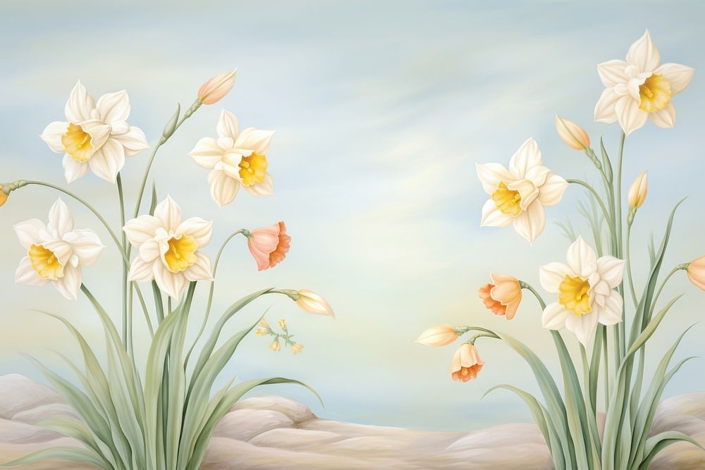 Painting of vintage daffodil flowers border plant inflorescence springtime.