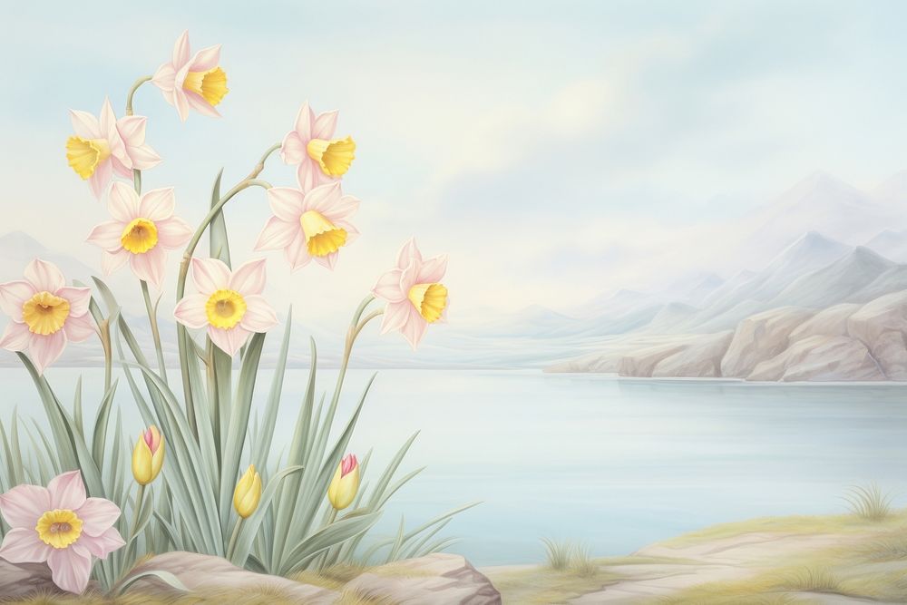 Painting of vintage daffodil flowers border outdoors nature plant.