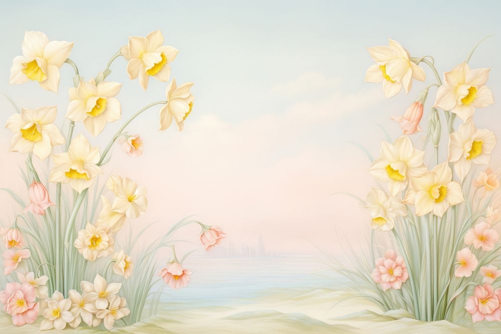 Painting of vintage daffodil flowers border backgrounds plant tranquility.