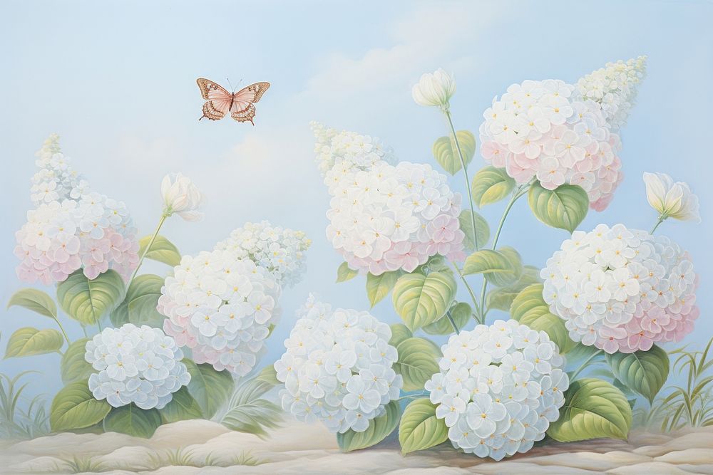 Painting of vintage hydrangea flowers border backgrounds pattern plant.