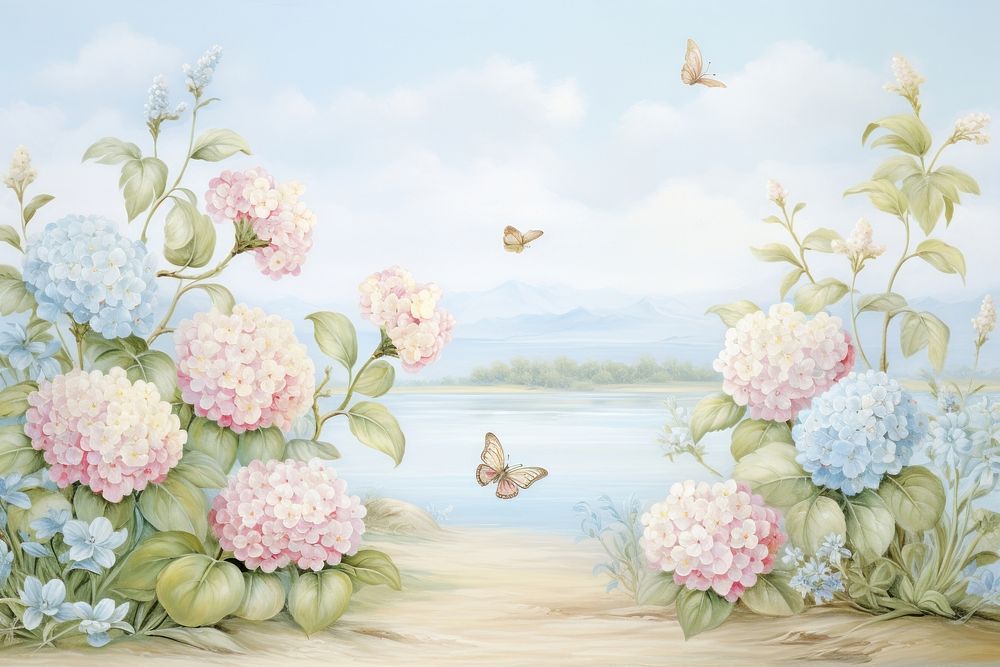 Painting of vintage hydrangea flowers border outdoors pattern plant.