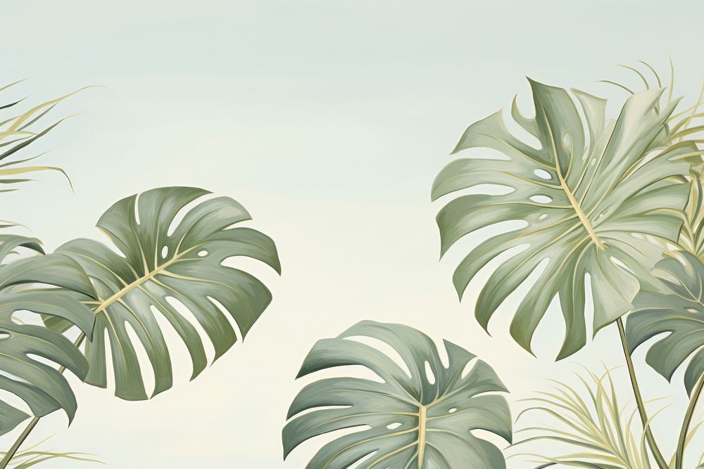 Painting of vintage monstera leaves border backgrounds outdoors plant.