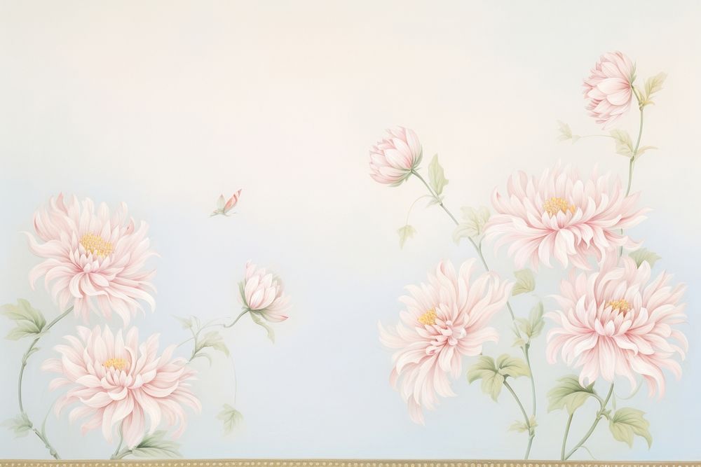 Painting of vintage pink chrysanthemum blooms border pattern flower plant.