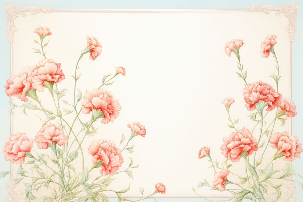 Painting of vintage red carnation blooms border pattern flower plant.