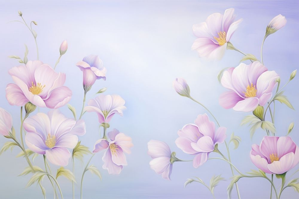 Painting of violet flowers border backgrounds blossom pattern.