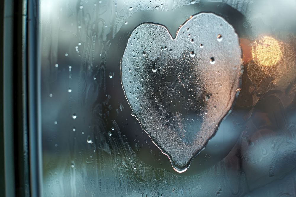 Heart icon written on misted window glass transparent.