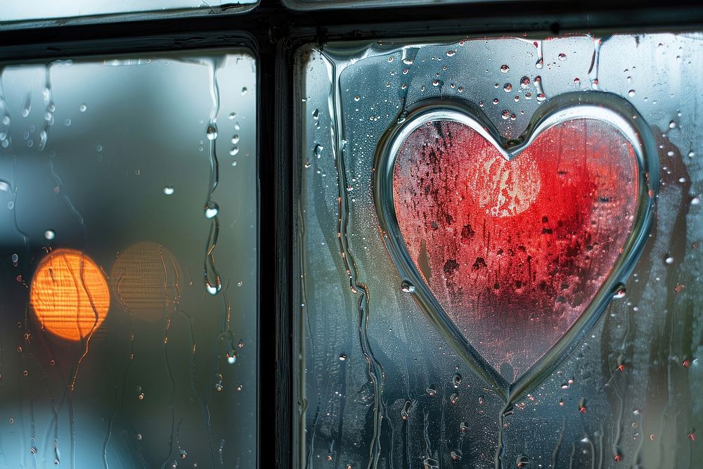 Heart icon written on misted window glass transportation.