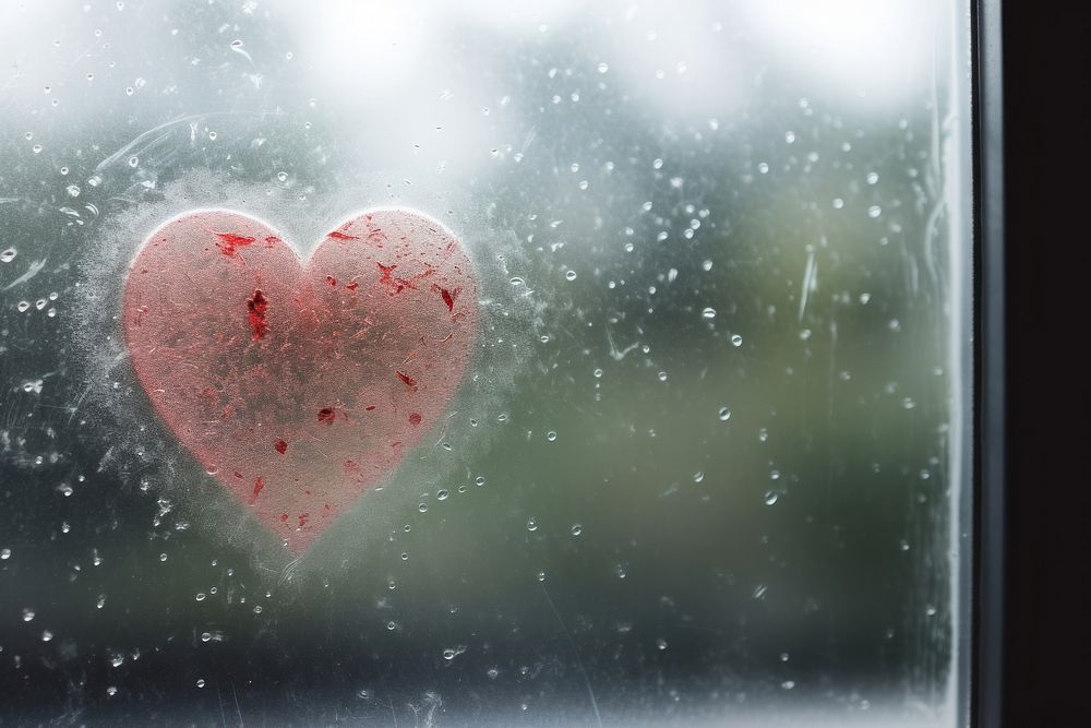 Heart painted on misted outdoors window glass.