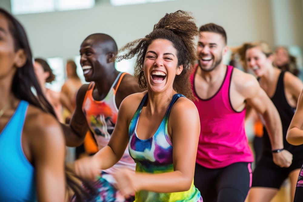 Exercise class laughing zumba adult.