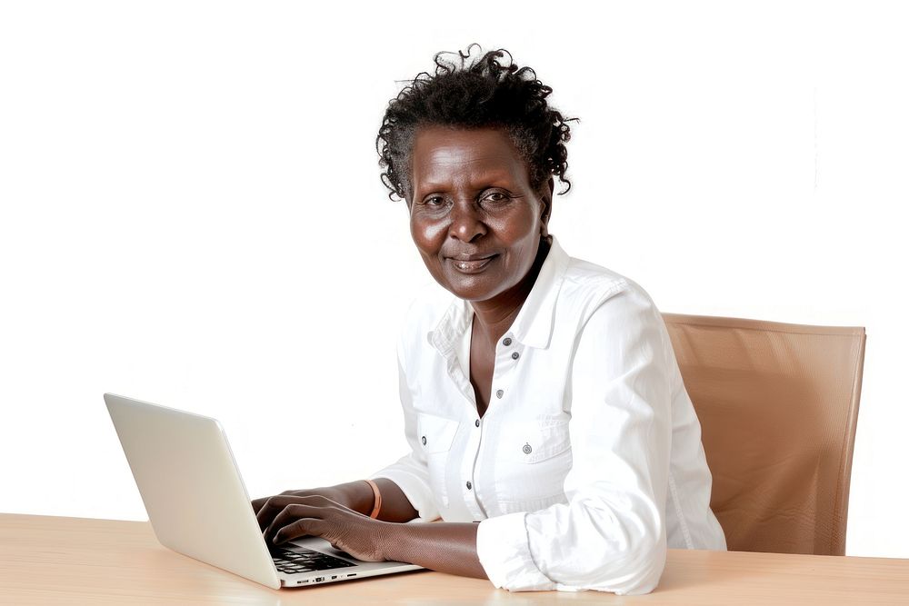 Africa middle-age woman type laptop computer portrait sitting.