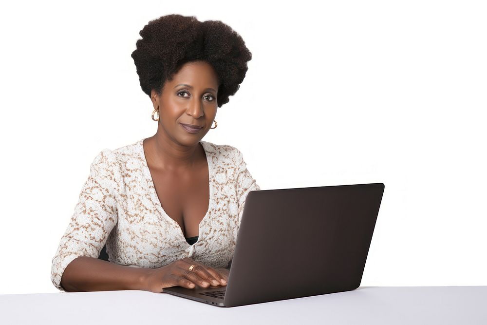 Africa middle-age woman type laptop portrait computer sitting.