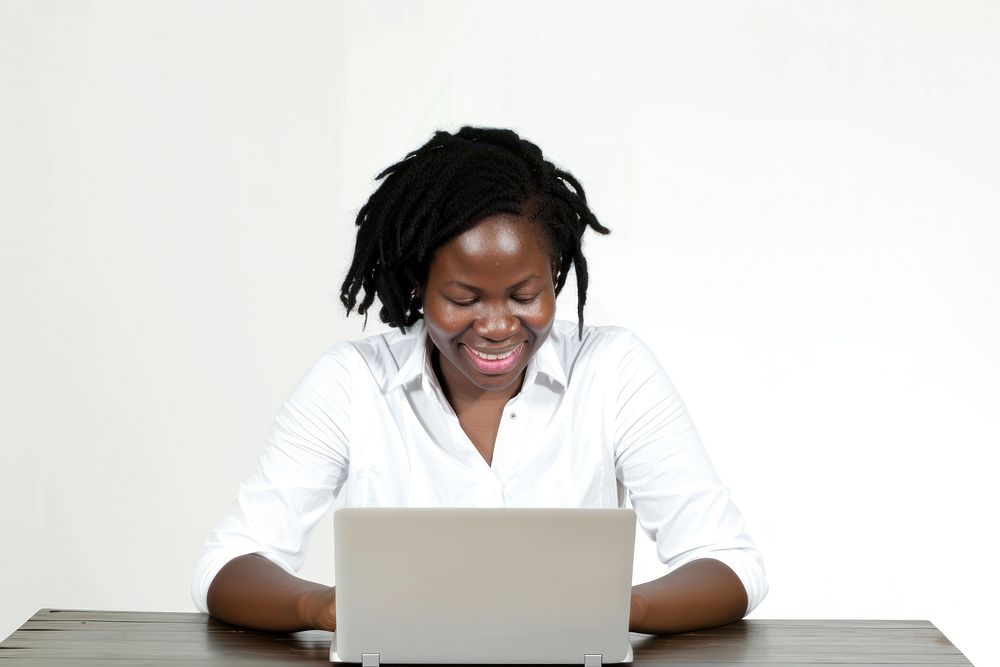 Africa woman type laptop computer portrait table.
