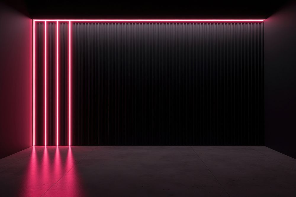 Black wall with neon light lighting stage architecture.