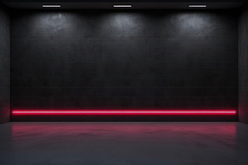 Black wall with neon light lighting floor stage.