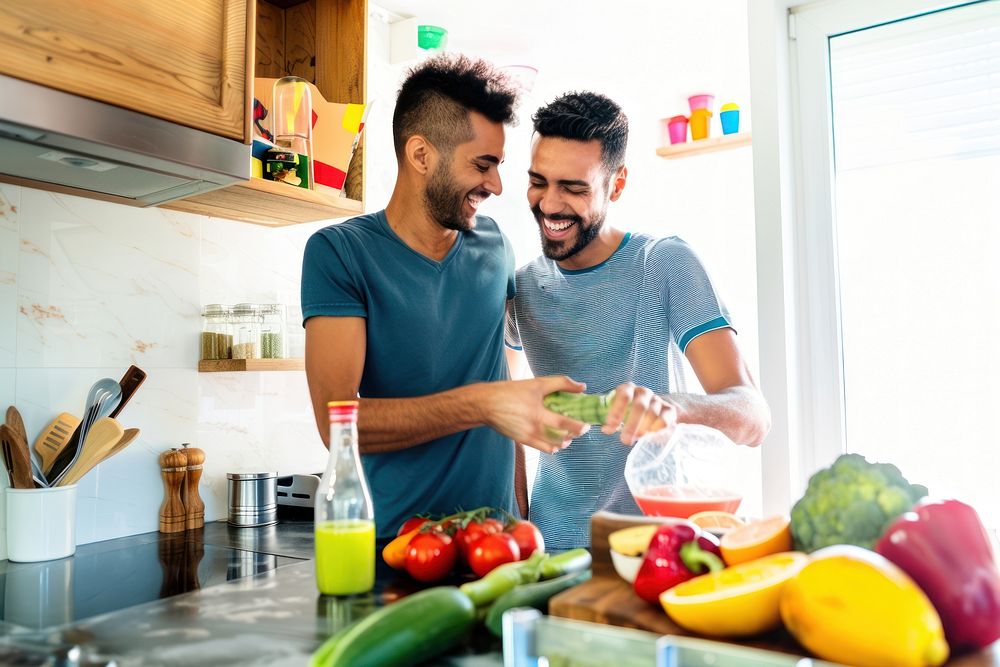 Gay couple kitchen cooking adult.