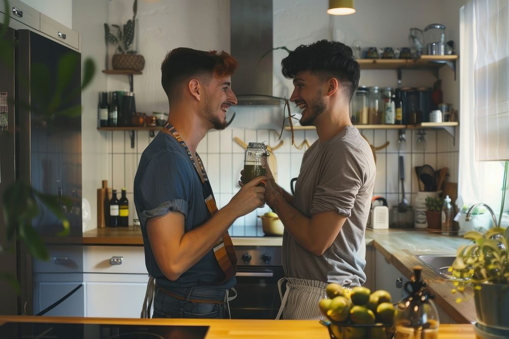 Gay couple kitchen adult togetherness.