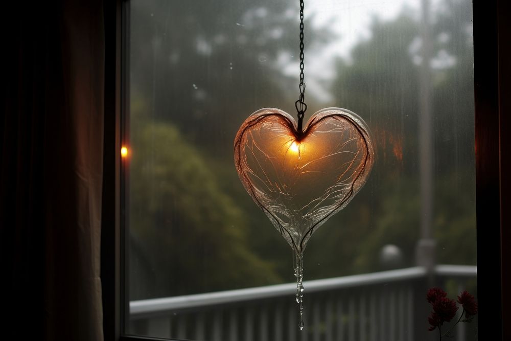 Drawn heart window glass illuminated.
