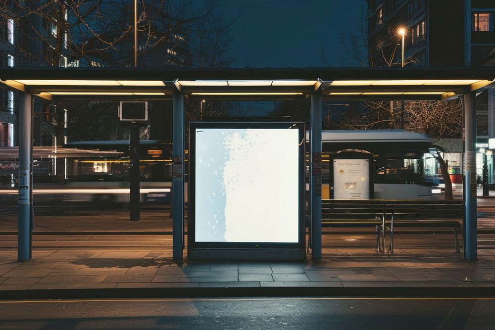 Empty Outdoor Advertising billboard at bus stop outdoors architecture illuminated.