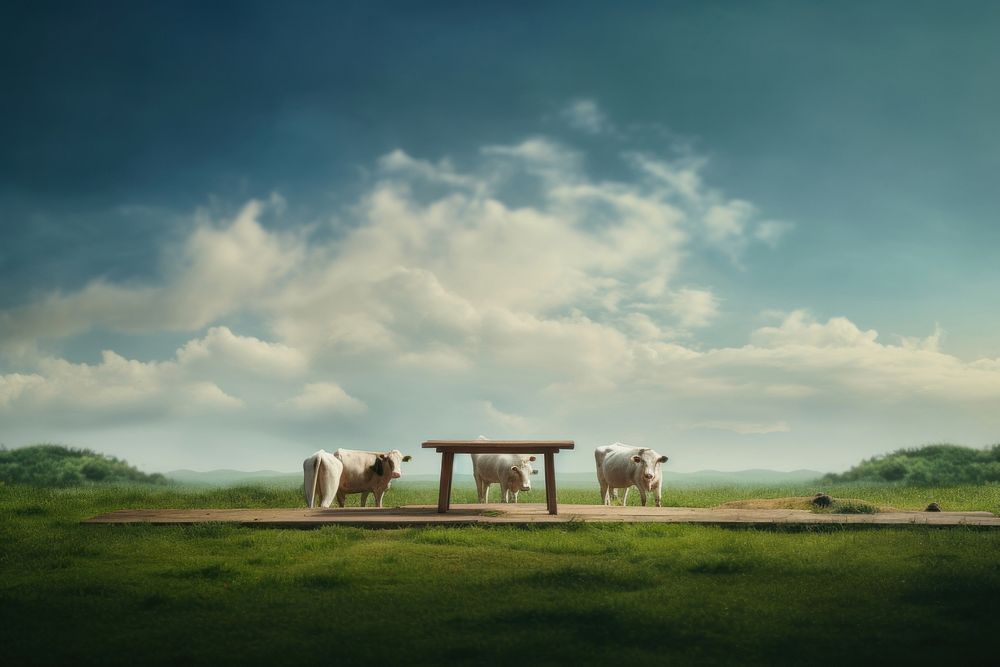 Empty wooden table top grass field cow.