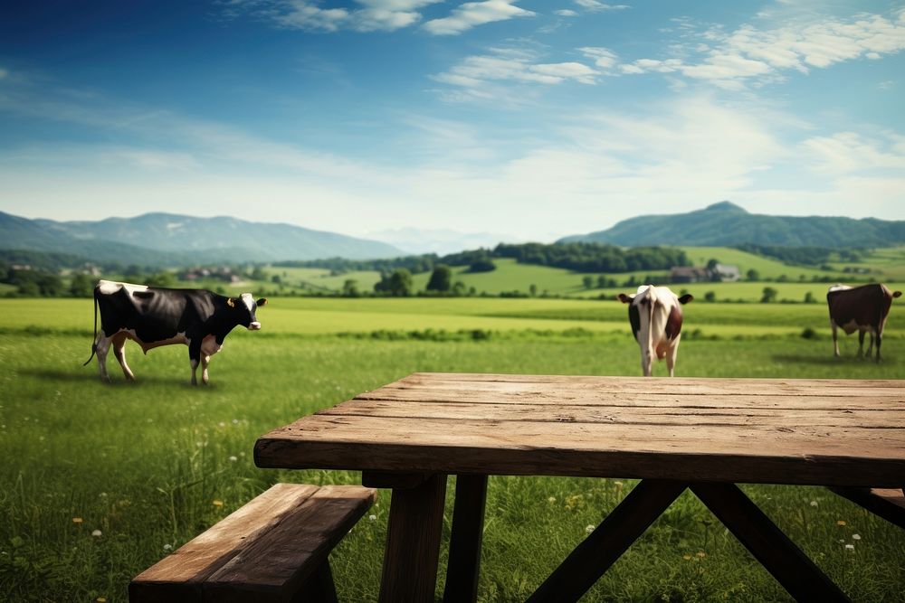 Empty wooden table top field grass cow.