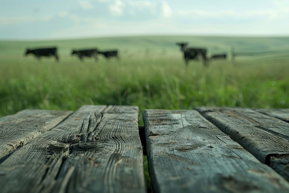 Empty wooden table top grass field landscape.