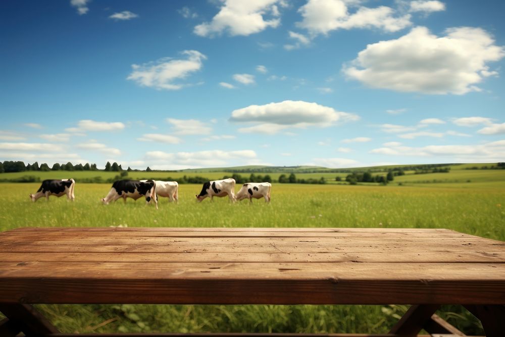 Empty wooden table top grass field agriculture.