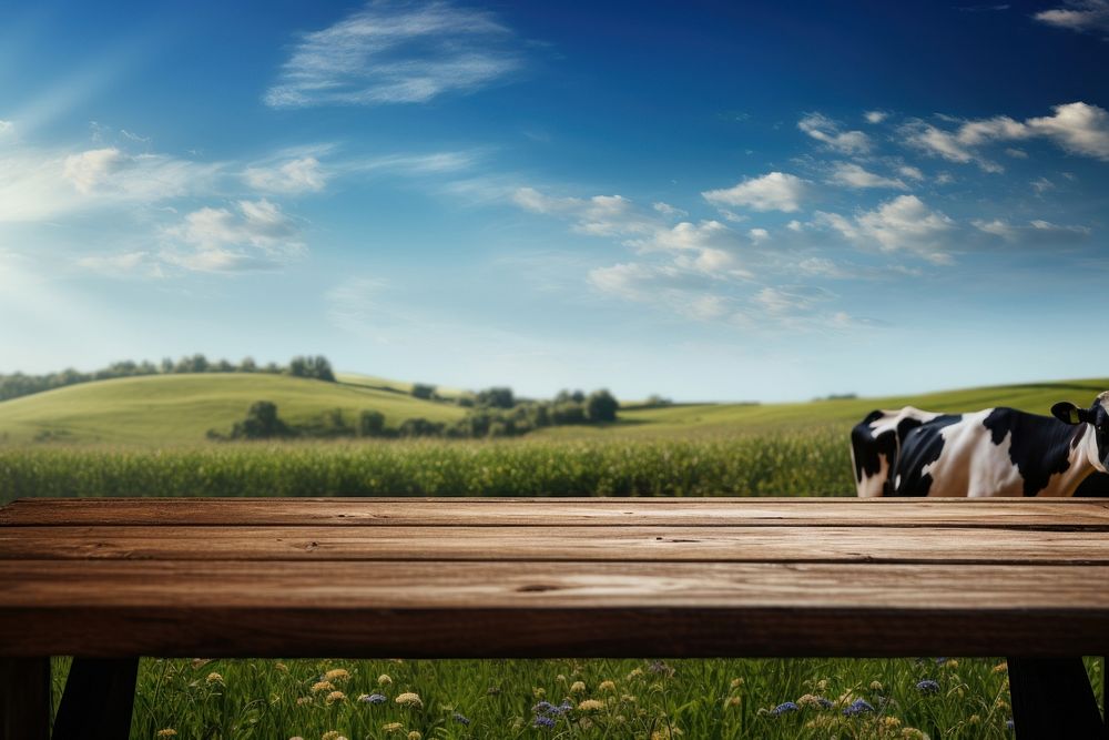 Empty wooden table top grass field cow.