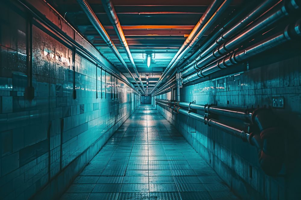 Empty underground corridor with drainage system and metal pipelines architecture tunnel city.