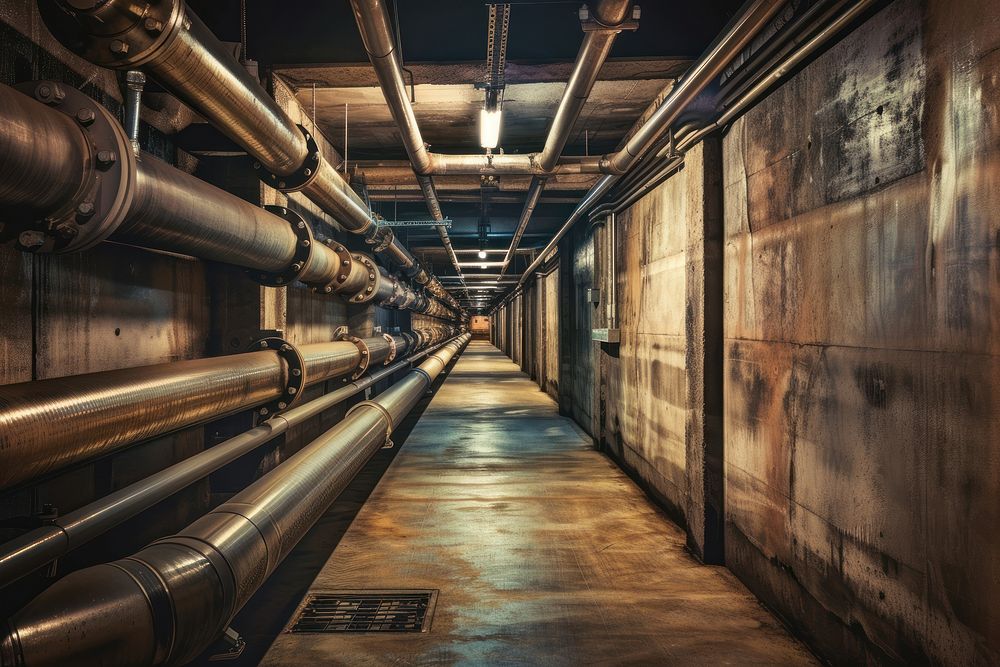 Empty underground corridor with drainage system and metal pipelines infrastructure architecture technology.