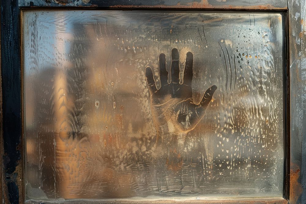 Handprint silhouette written glass condensation backgrounds.