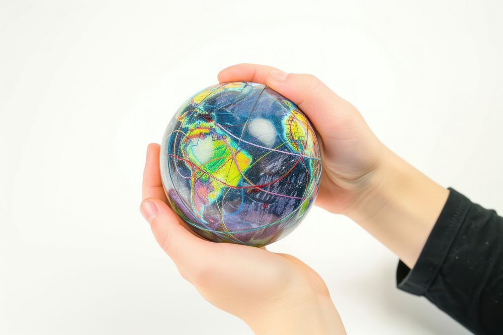 Hands hold globe sphere space white background.