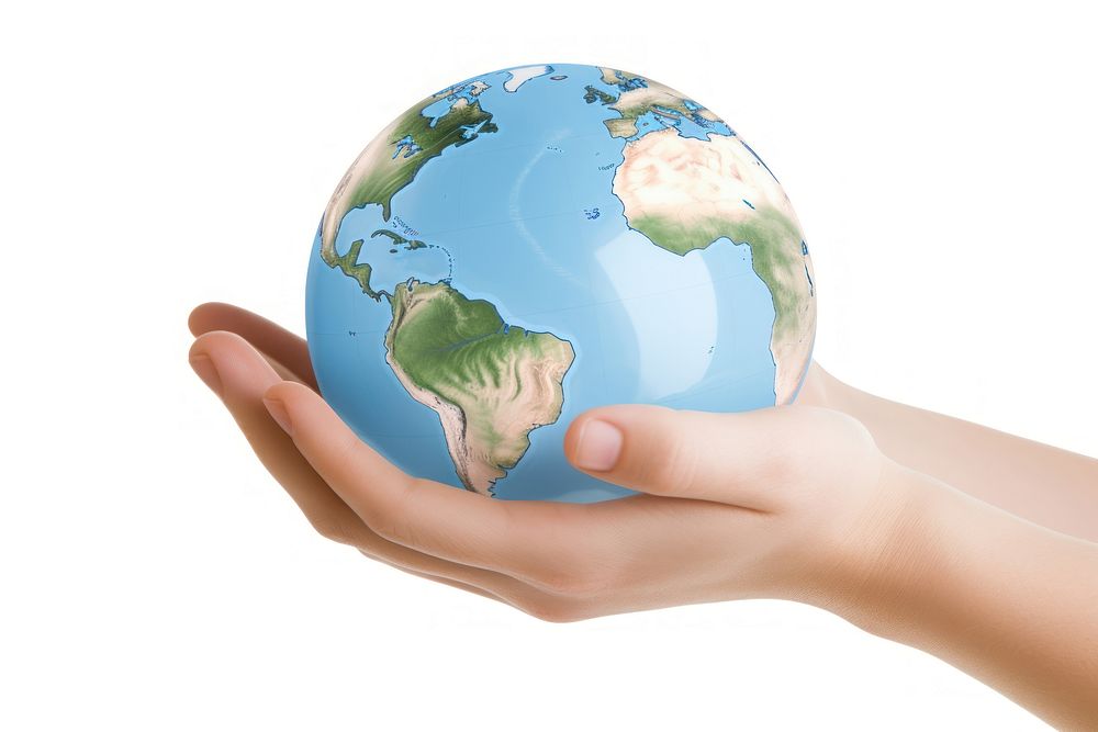 Hands hold globe planet space white background.