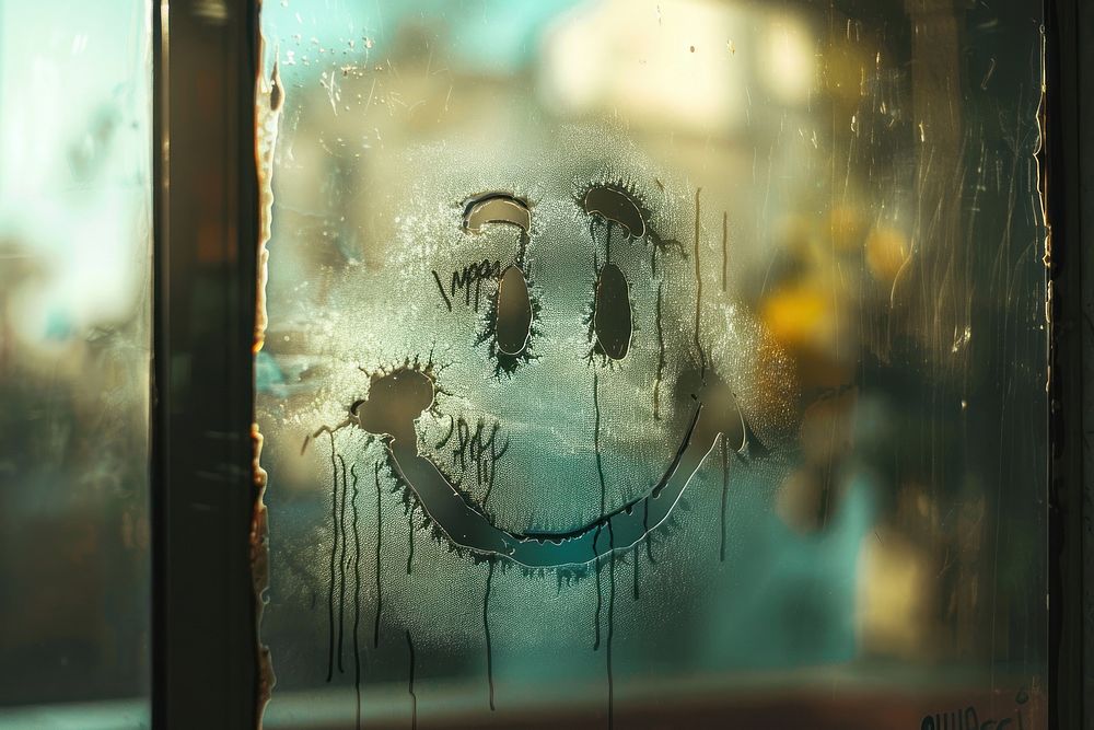 Happy face doodle silhouette window glass condensation.