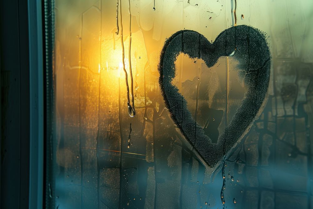 Heart silhouette window glass condensation.